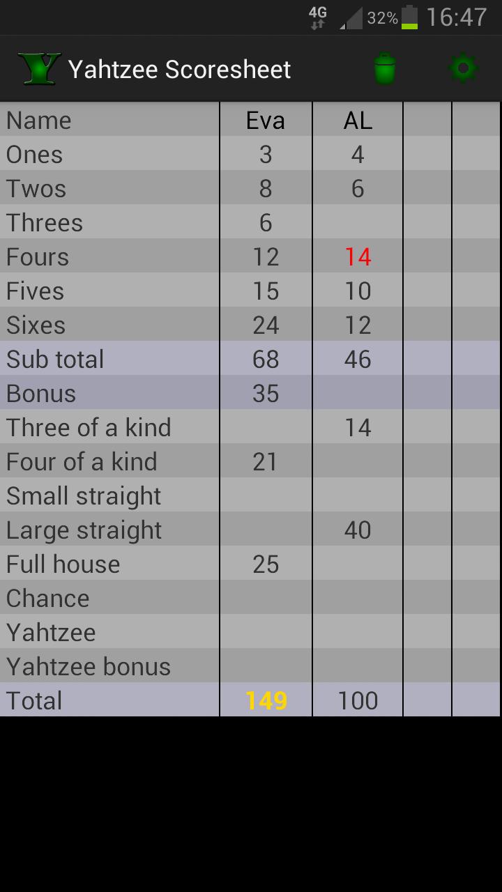 Yahtzee scoresheet